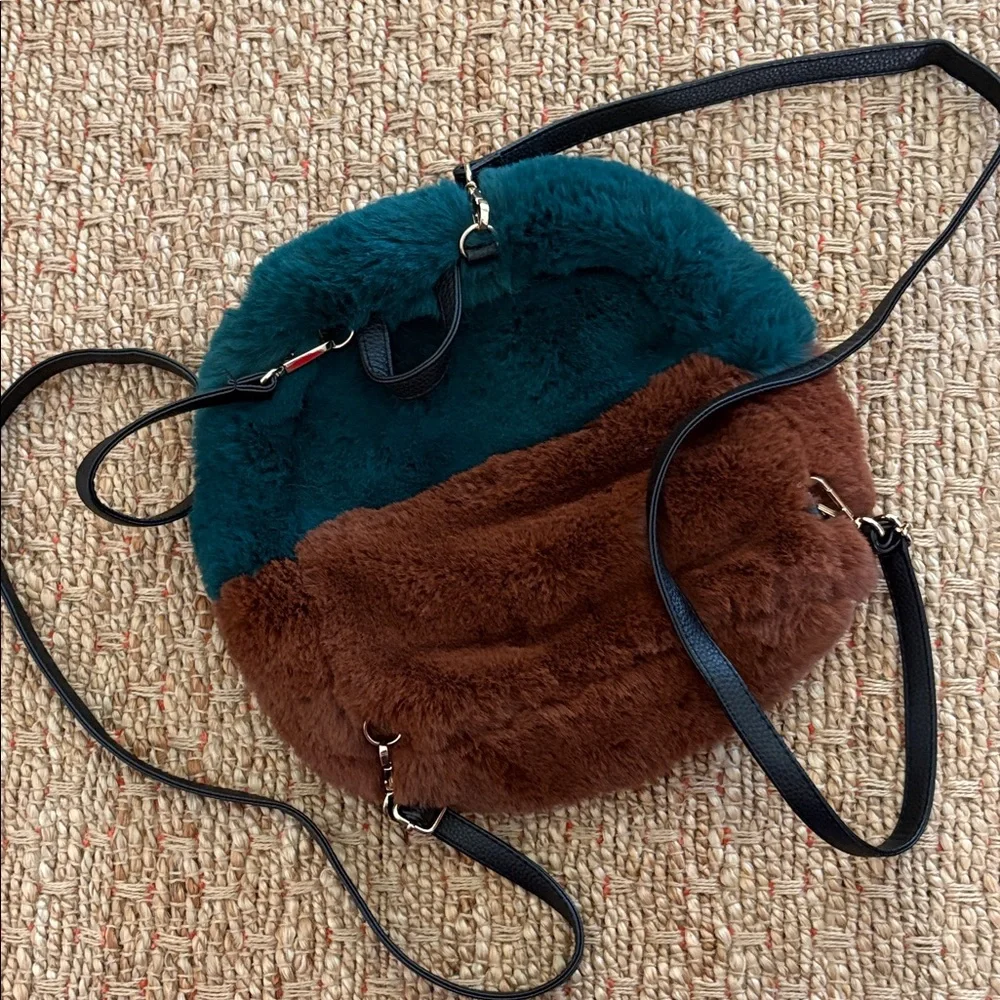 Plush Colorblock Round Faux Fur Backpack — Green and Brown
